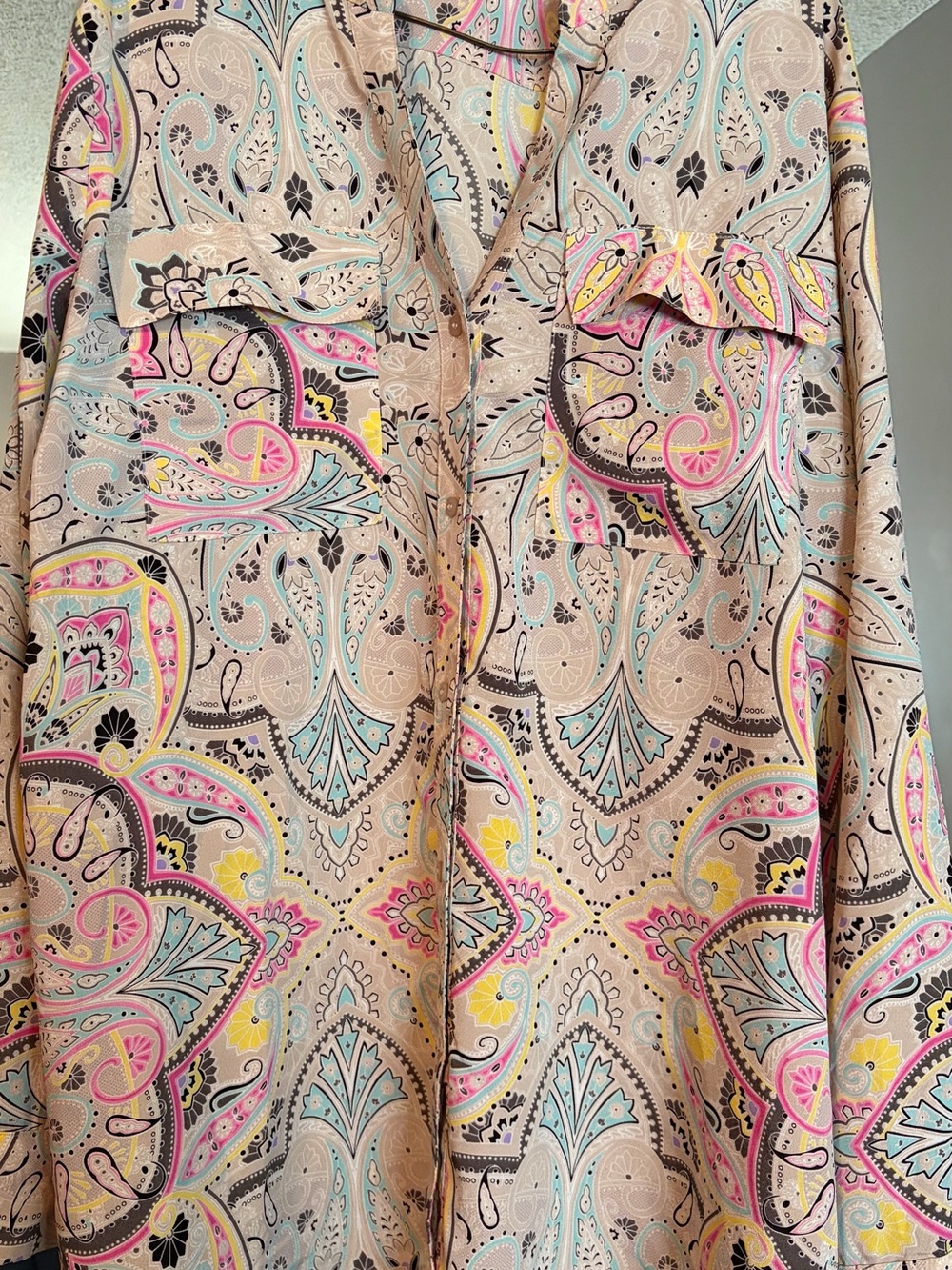 Calvin Klein Beige Paisley Button-Front Blouse with Pink, Blue & Yellow Accents